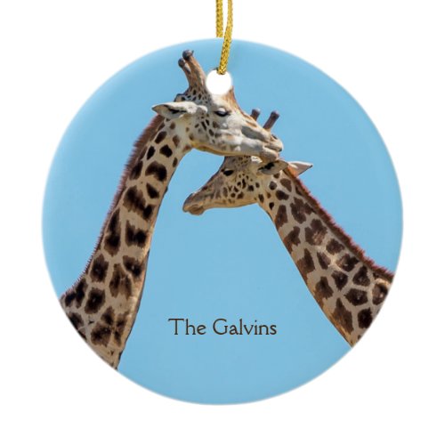 Romantic Giraffe Couple Portrait Name Ceramic Ornament