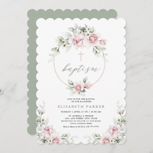 Romantic Girl Baptism Floral Pink Invitation