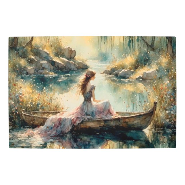 Romantic Girl in wooden boat on Lake Metal Print (Front)