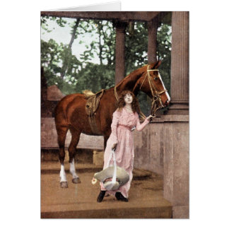Romantic Girl with Chestnut Horse and Lovely Hat Cards