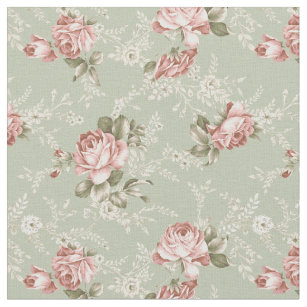 Romantic Girly Blush Roses - Green Background Fabric