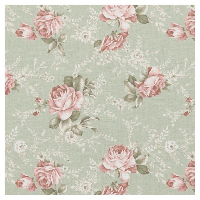 Romantic Girly Blush Roses - Green Background Fabric (Close Up)