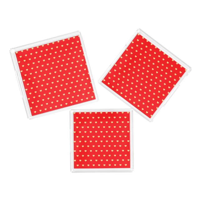 Romantic Girly Red Gold Hearts Pattern Acrylic Tray (Set)