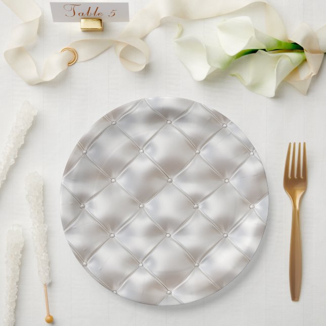 Romantic Glam White Faux Leather  Paper Plates (Wedding)