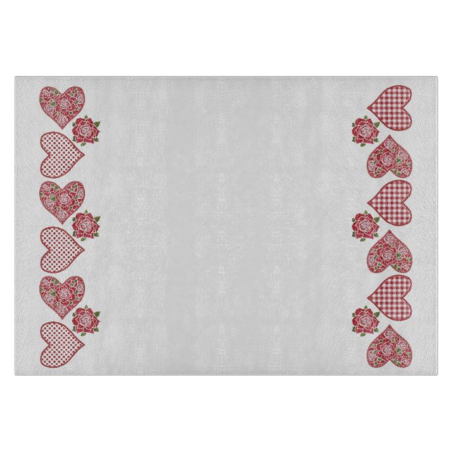 Romantic Glass Cutting Board: Hearts and Red Roses Cutting Board (Front)