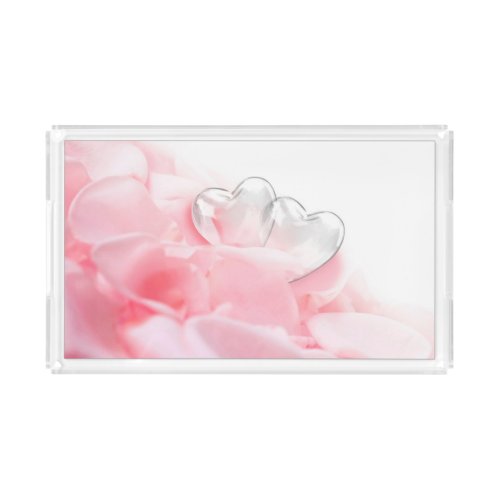 Romantic Glass Hearts Rose Petals Acrylic Tray