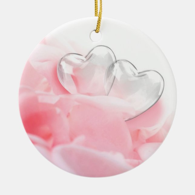 Romantic Glass Hearts Rose Petals Ceramic Ornament (Front)