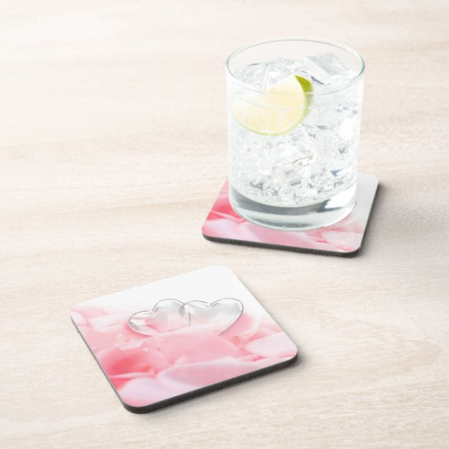 Romantic Glass Hearts Rose Petals Drink Coaster (Right Side)