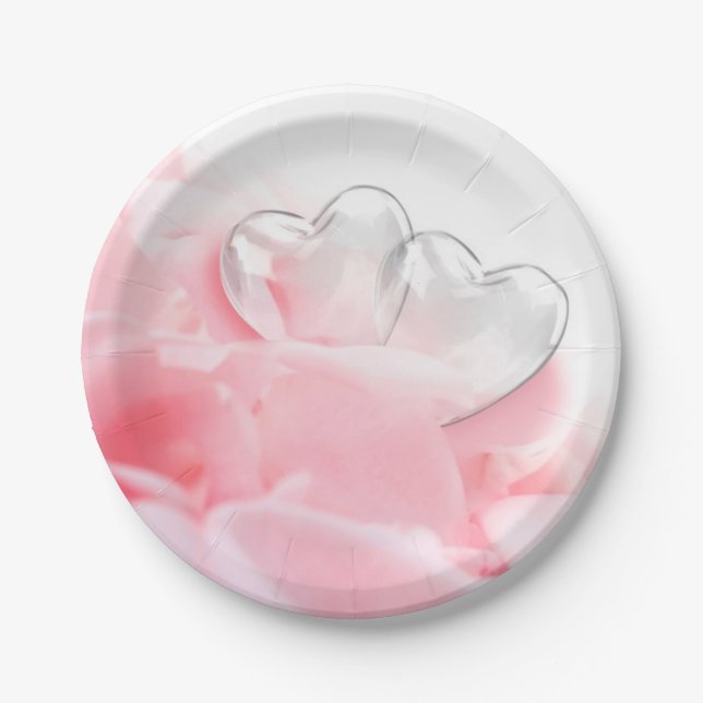 Romantic Glass Hearts Rose Petals Paper Plates (Front)