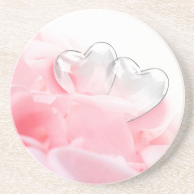 Romantic Glass Hearts Rose Petals Sandstone Coaster (Front)
