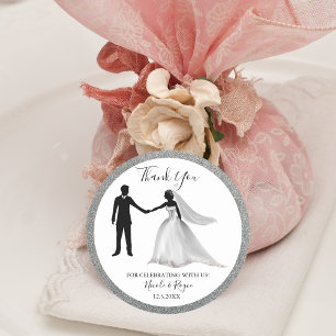 Romantic Glitter With Bride & Groom Thank You Classic Round Sticker
