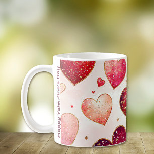 Romantic Glittery Gold Pink Red Hearts Valentine Coffee Mug