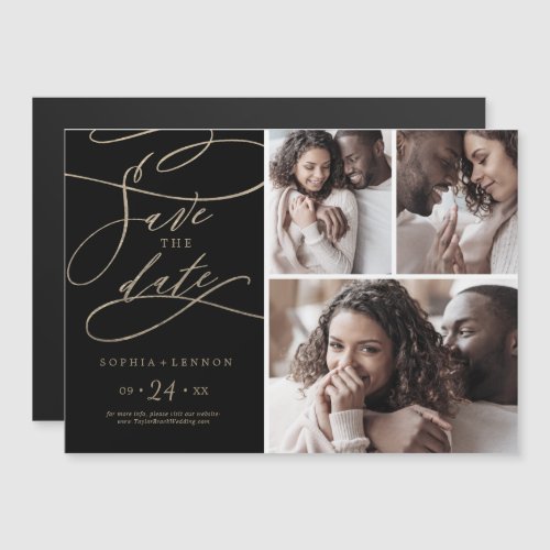 Romantic Gold and Black 3 Photo Save the Date Magnetic Invitation