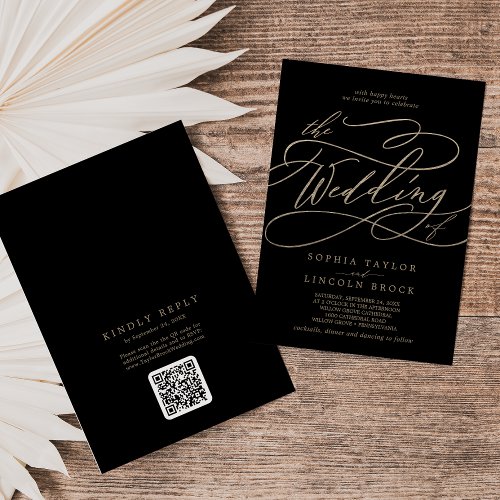 Romantic Gold and Black QR Code All In One Wedding Invitation