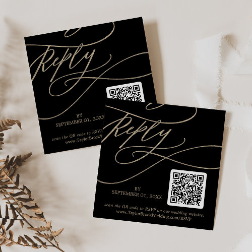 Romantic Gold and Black QR Code Wedding RSVP Enclosure Card