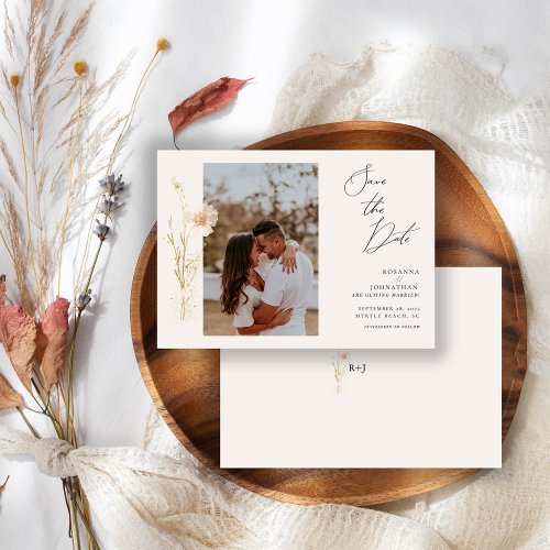Romantic Gold and Blush Pressed Flowers Photo Save The Date