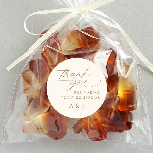 Romantic Gold and Ivory Cream Wedding Thank You Classic Round Sticker (Wedding thank you stickers on candy bag favors - gold and light cream / ivory - romantic script)