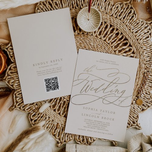 Romantic Gold and Ivory QR Code All In One Wedding Invitation