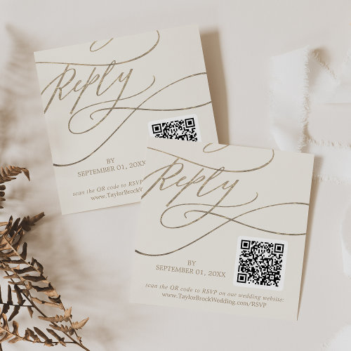 Romantic Gold and Ivory QR Code Wedding RSVP Enclosure Card