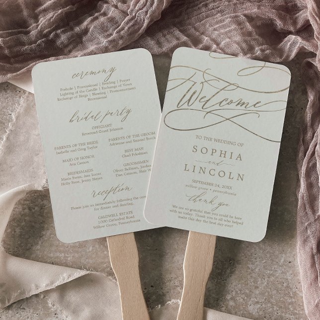 Romantic Gold and Ivory Reception Wedding Program Hand Fan (Creator Uploaded)