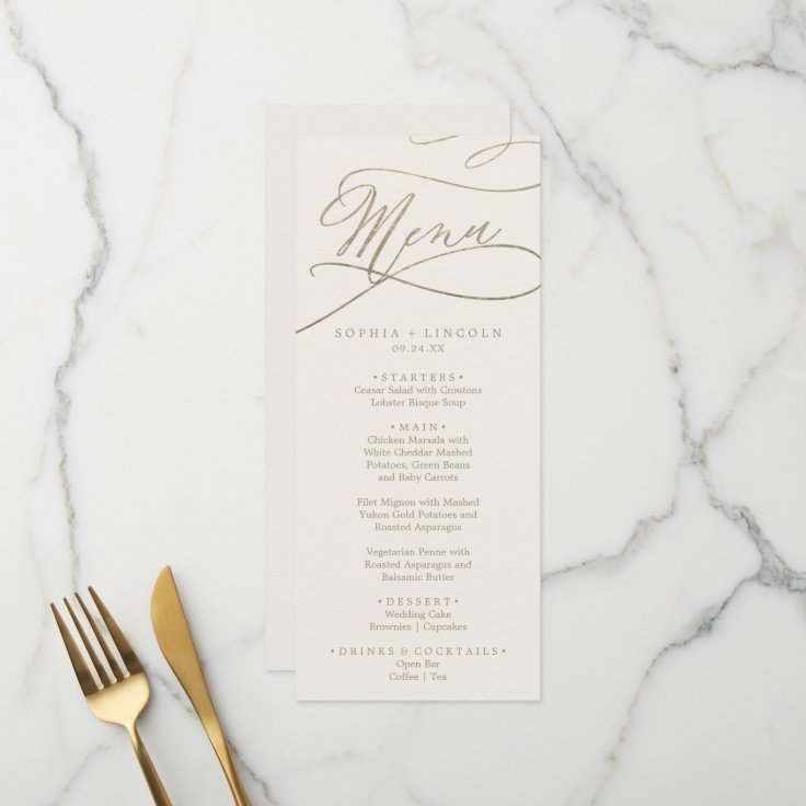 Romantic Gold and Ivory Wedding Dinner Menu | Zazzle