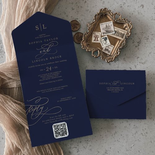 Romantic Gold and Navy Monogram QR Code Wedding All In One Invitation