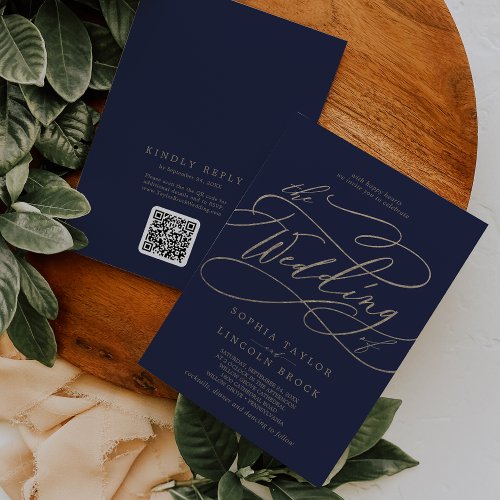Romantic Gold and Navy QR Code All In One Wedding Invitation