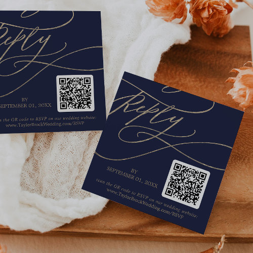Romantic Gold and Navy QR Code Wedding RSVP Enclosure Card