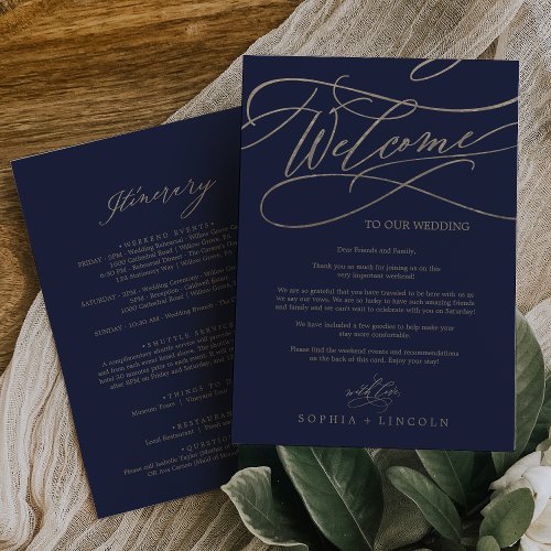 Romantic Gold and Navy Welcome Itinerary Letter