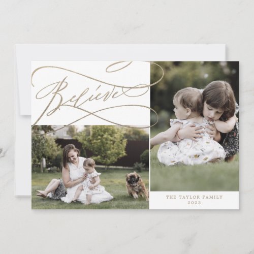 Romantic Gold Believe 3 Photo Year In Review Holiday Card