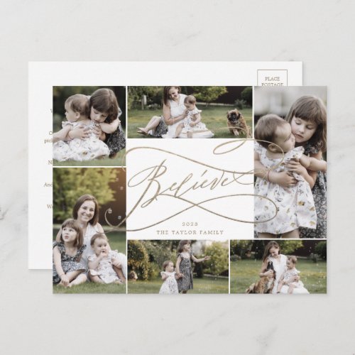 Romantic Gold Believe 6 Photo Year in Review Holiday Postcard