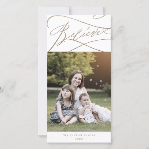 Romantic Gold Believe Photo Family Newsletter Holiday Card