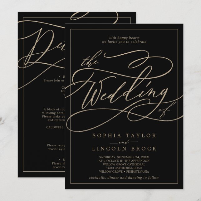Romantic Gold Black Calligraphy All In One Wedding Invitation (Front/Back)