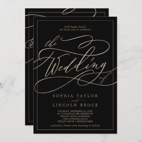 Romantic Gold Black Calligraphy All In One Wedding Invitation