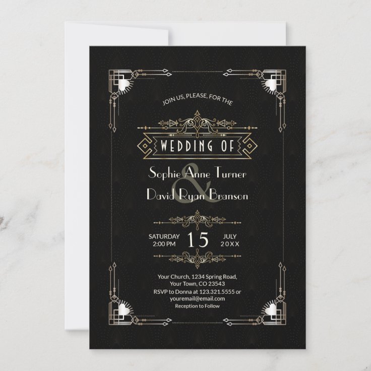 Romantic Gold Black Great Gatsby Art Deco Wedding Invitation | Zazzle