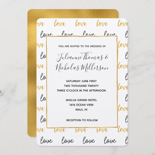 Romantic Gold Black Love Wedding  Invitation (Front/Back)
