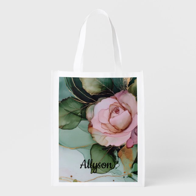 Romantic Gold Blush Pink Rose Floral Bridal shower Grocery Bag (Front)