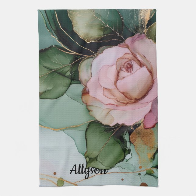 Romantic Gold Blush Pink Rose Floral Bridal shower Kitchen Towel (Vertical)