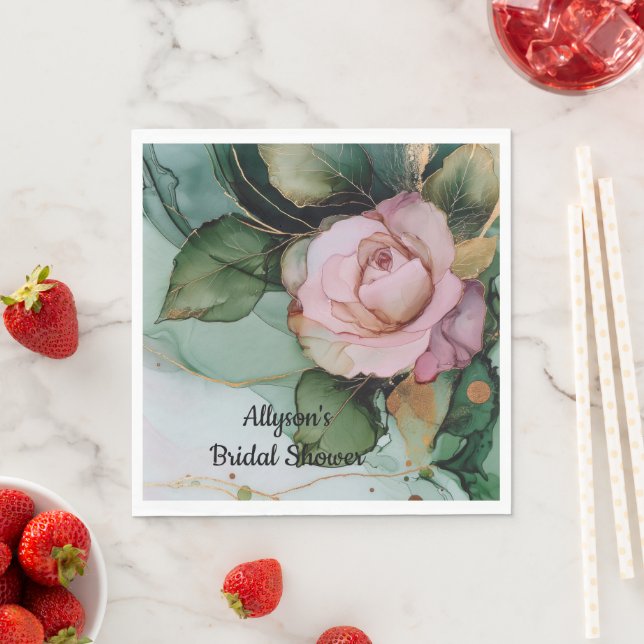 Romantic Gold Blush Pink Rose Floral Bridal shower Napkins (Insitu)
