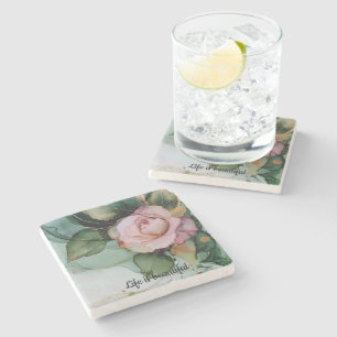 Romantic Gold Blush Pink Rose Floral Bridal shower Stone Coaster