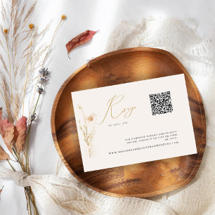 Romantic Gold Blush Pressed Flowers QR code RSVP Card