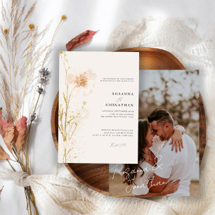 Romantic Gold & Blush Pressed Flowers Wedding Invitation