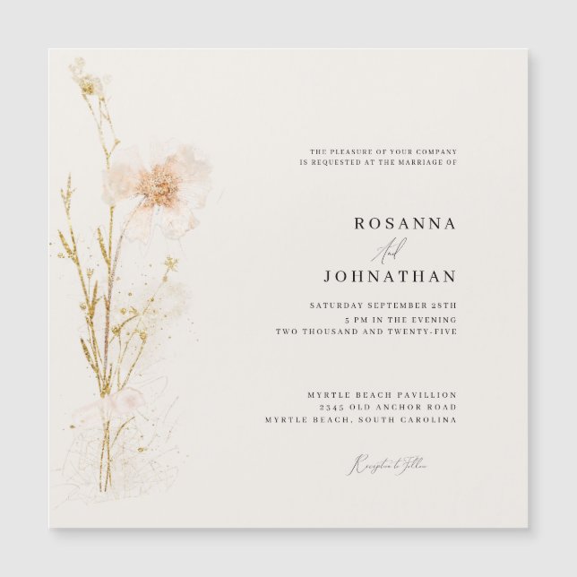 Romantic Gold & Blush Pressed Flowers Wedding  Magnetic Invitation (Front)