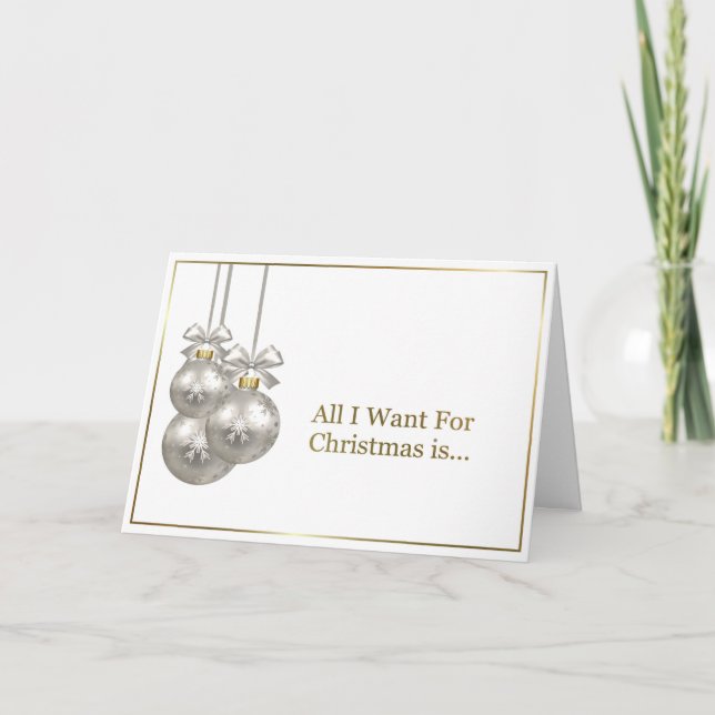 Romantic Gold Border Silver Christmas Ornaments Holiday Card (Front)