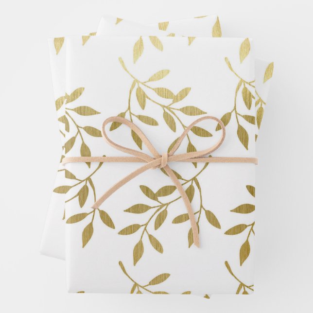Romantic Gold Botanical Leaf Wedding Wrapping Paper Sheets (In situ)