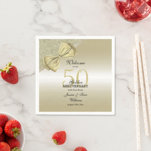 Romantic Gold Bow  Glitter 50th Wedding   Napkins