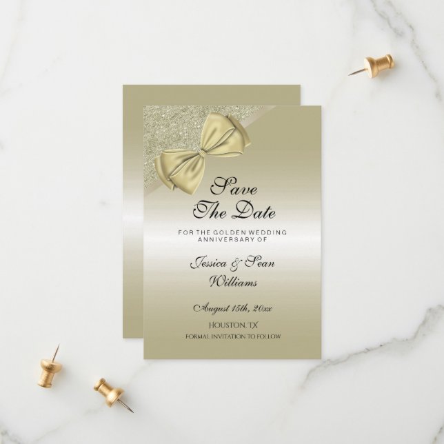Romantic Gold Bow & Glitter 50th Wedding  Save The Date (Front/Back In Situ)