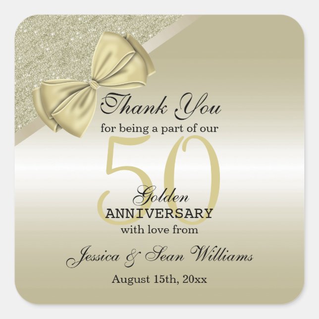 Romantic Gold Bow & Glitter 50th Wedding      Square Sticker (Front)