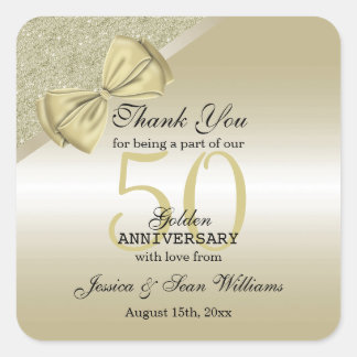 Romantic Gold Bow & Glitter 50th Wedding Square Sticker