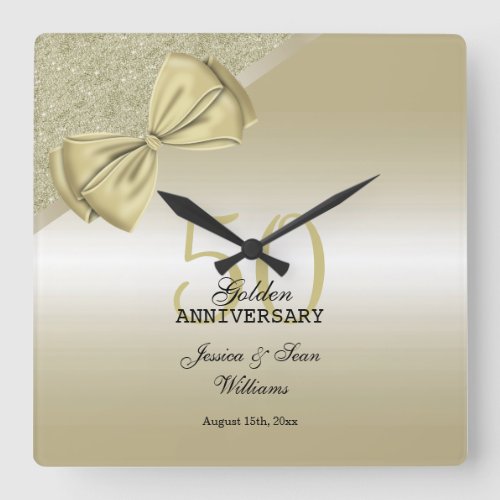 Romantic Gold Bow  Glitter 50th Wedding    Square Wall Clock